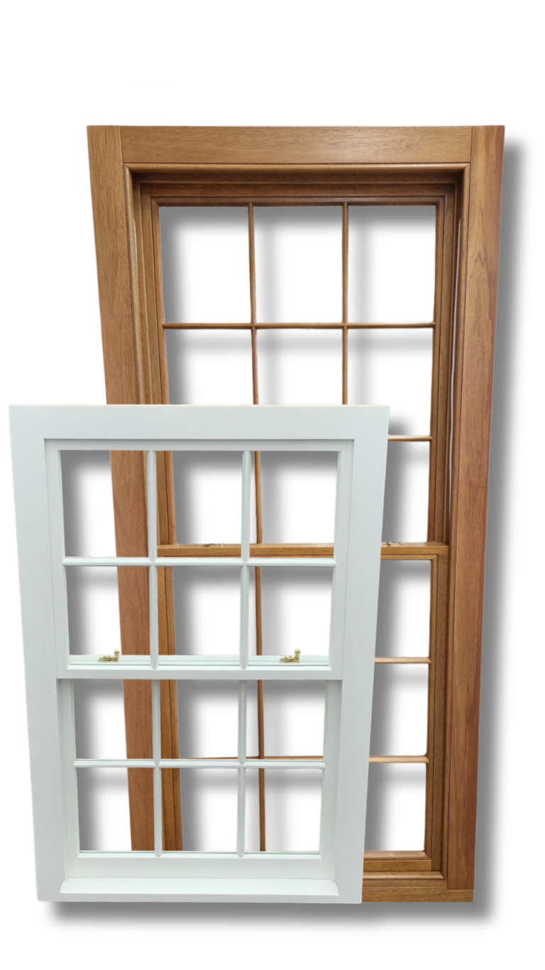 Display of a dual finish timber sash window with a stained wood exterior frame and white painted internal sash, shown with Sash Window Shop Online branding.