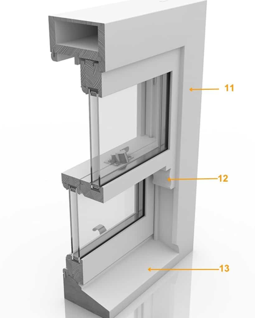 numbered diagram of exterior sash window parts