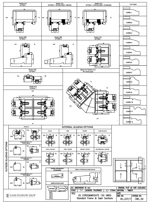 Detailed technical drawings of sash windows